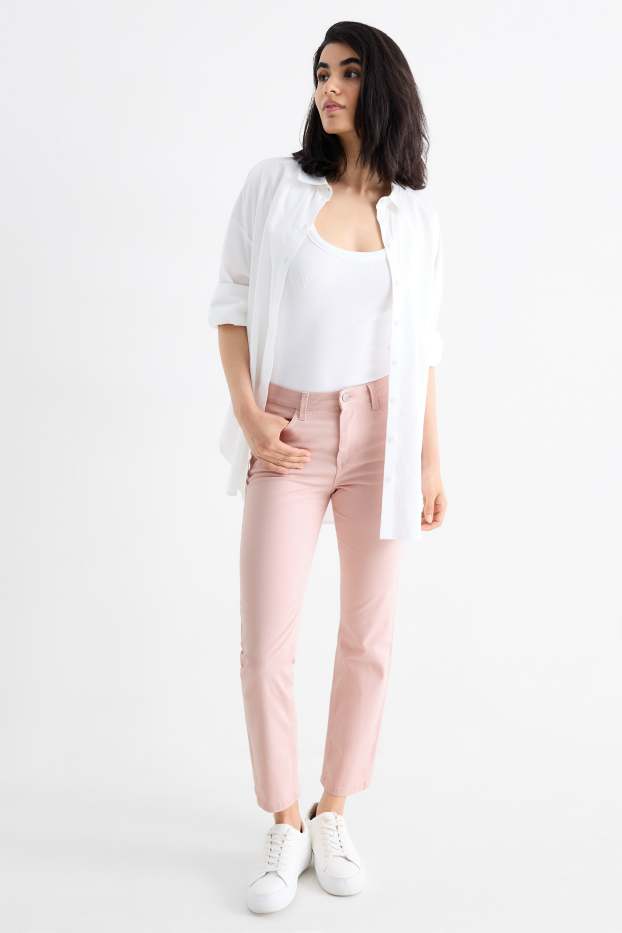 Dámské - Plátěné kalhoty - high waist - slim fit - růžová