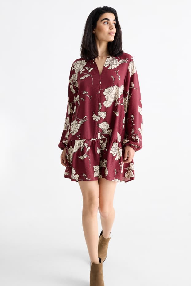 Women - V-neck dress - floral - bordeaux