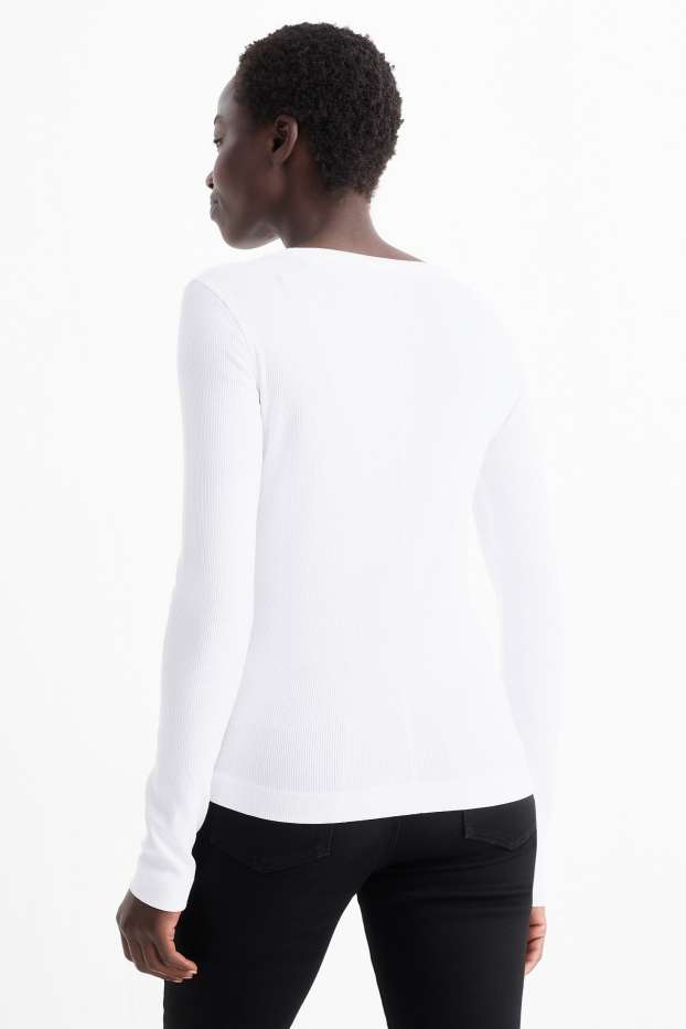 Femmes - Haut à manches longues - finition côtelée - blanc