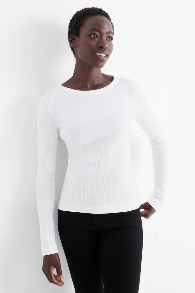 Femmes - Haut à manches longues - finition côtelée - blanc