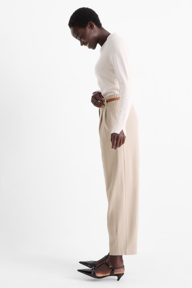 Women - Cloth trousers with belt - high waist - wide leg - beige
