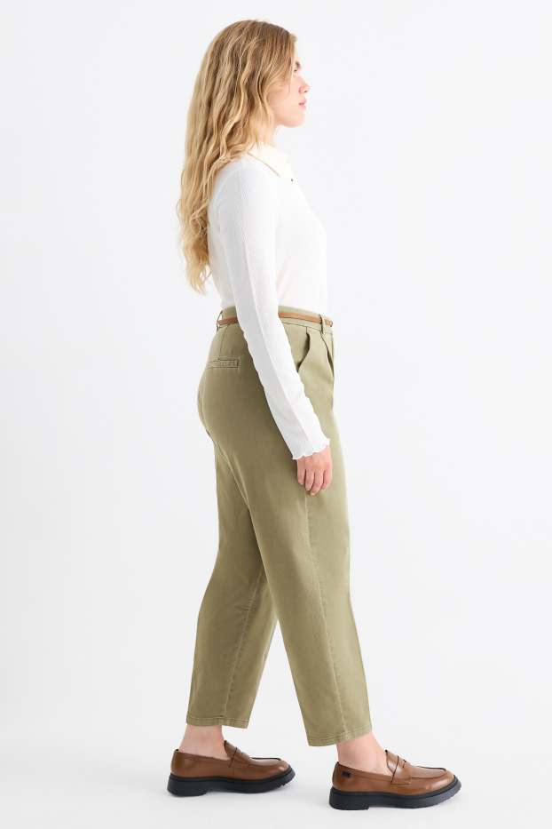 Mujer - Pantalón de tela con cinturón - high waist - barrel leg - caqui