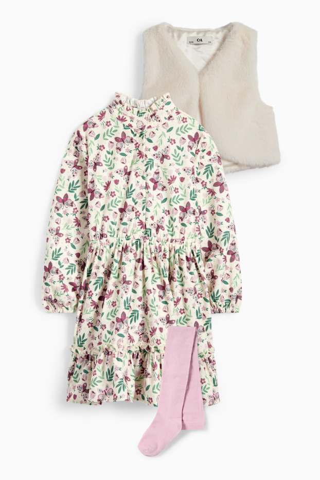 Kinder Mädchen - Set - Kleid, Kunstfell-Weste und Strumpfhose - 3 teilig - violett