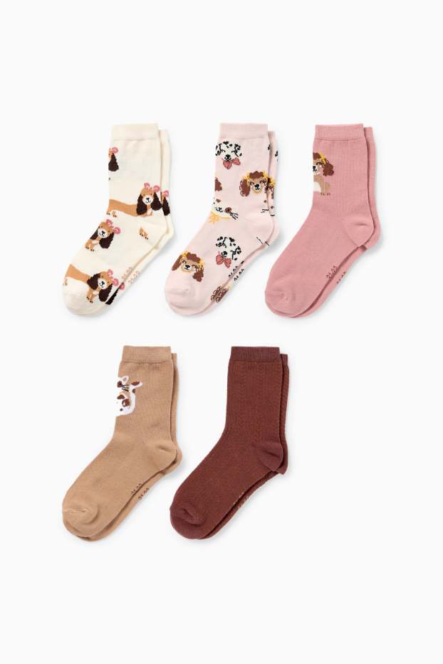 Kinder Mädchen - Multipack 5er - Hund und Katze - Socken mit Motiv - rosa