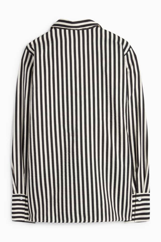 Damen - Bluse mit V-Ausschnitt und Leinen-Anteil - gestreift - schwarz / weiß