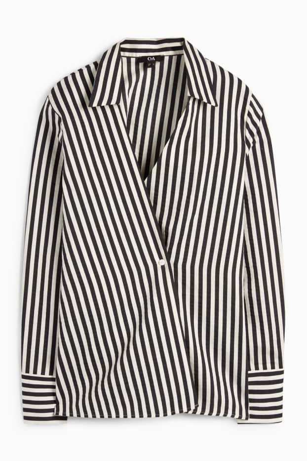 Damen - Bluse mit V-Ausschnitt und Leinen-Anteil - gestreift - schwarz / weiß