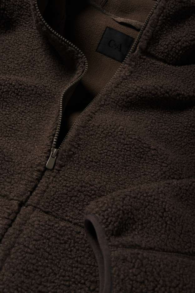 Uomo - Giacca in pelo teddy con cappuccio - marrone scuro