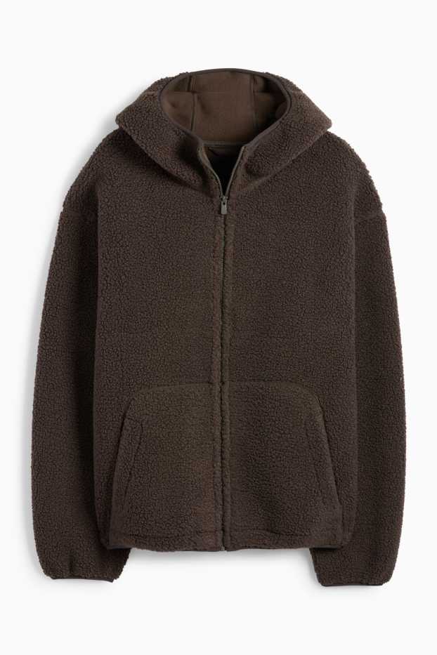 Uomo - Giacca in pelo teddy con cappuccio - marrone scuro