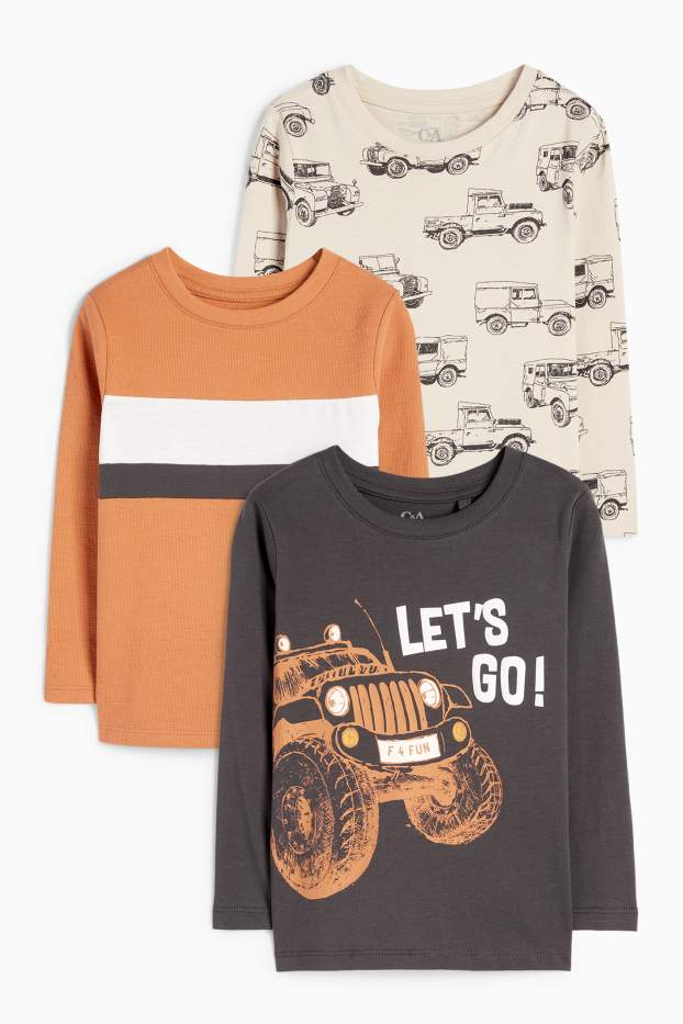 Bambini - Confezione da 3 - auto - maglia a maniche lunghe - grigio / beige
