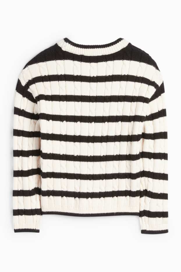 Kinder Mädchen - Pullover - gestreift - Zopfmuster - schwarz / weiß