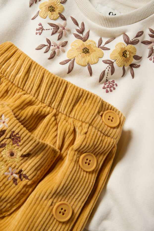 Enfants filles - Fleurs - ensemble - sweat et jupe en velours côtelé - 2 pièces - vert / beige