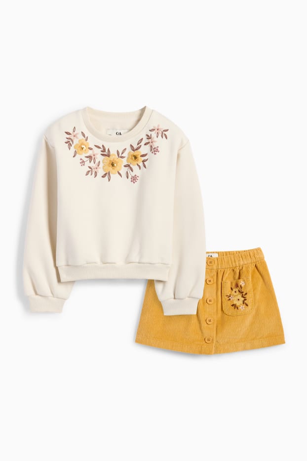 Enfants filles - Fleurs - ensemble - sweat et jupe en velours côtelé - 2 pièces - vert / beige