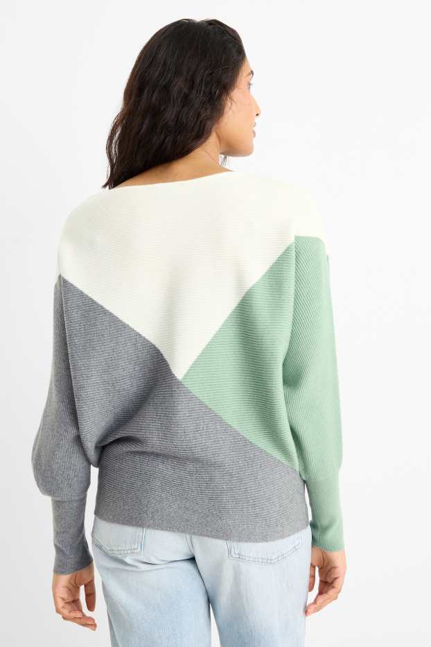 Damen - Pullover - gerippt - grün / cremeweiss