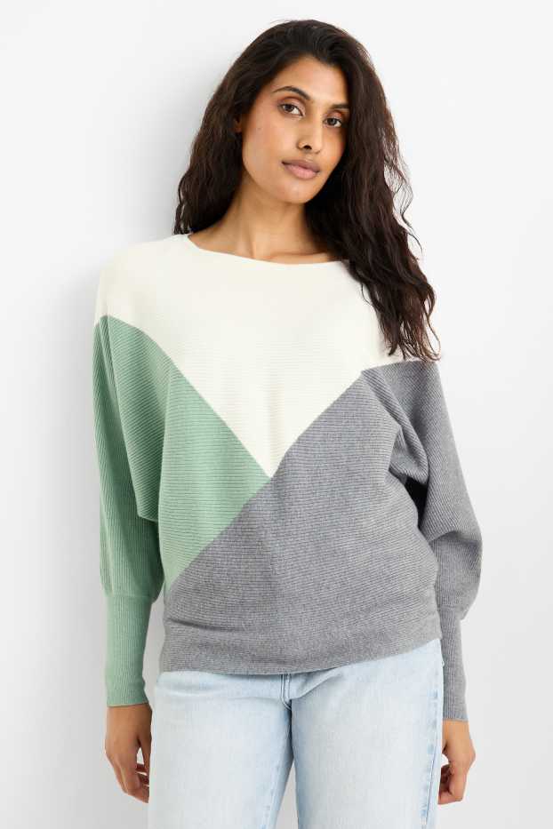 Damen - Pullover - gerippt - grün / cremeweiss