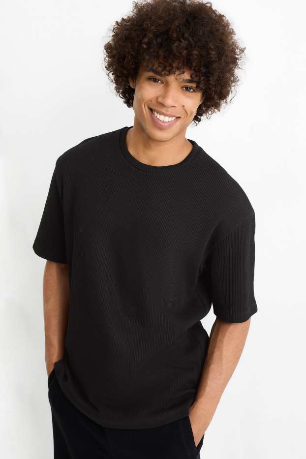 Herren - T-Shirt - Relaxed Fit - gerippt - schwarz