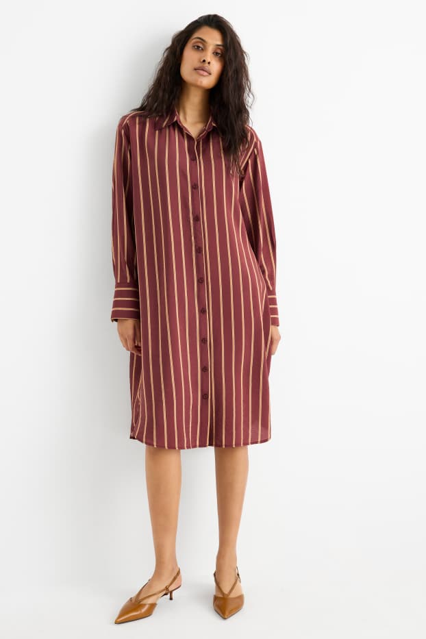 Damen - Blusenkleid - gestreift - dunkelrot