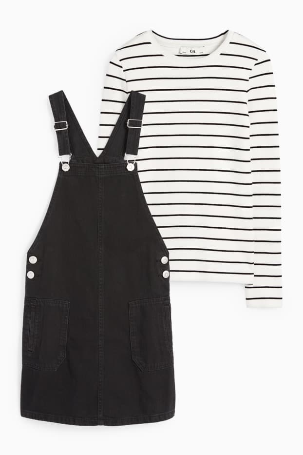 Bambine - Set - maglia a maniche lunghe e salopette di jeans - 2 pezzi - nero / bianco