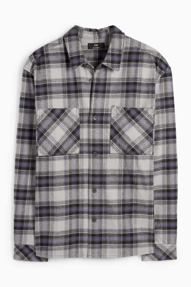 Uomo - Camicia di flanella - relaxed fit - collo all'italiana - a quadretti - grigio chiaro