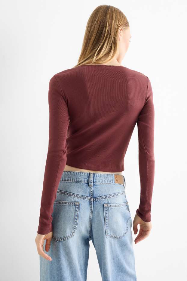 Women - Cropped long sleeve top - ribbed - bordeaux