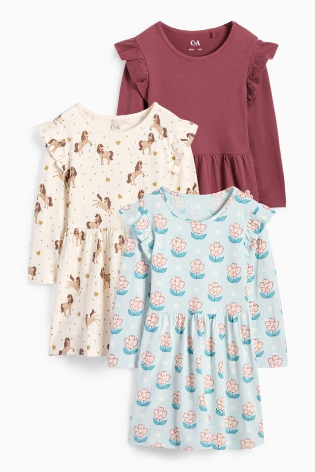 Kinder Mädchen - Multipack 3er - Blume, Pferd und Hase - Kleid - hellblau
