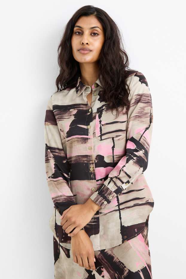 Mujer - Blusa de raso - estampada - marrón claro
