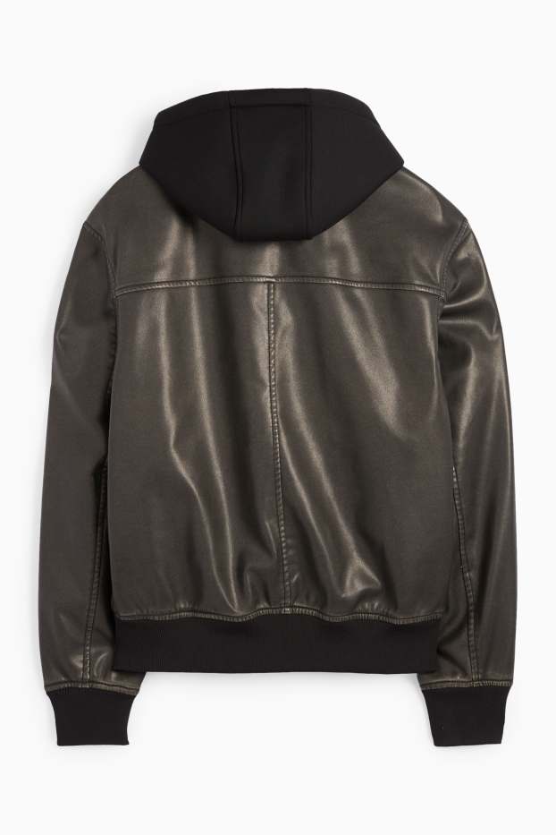 Herren - Jacke mit Kapuze - Lederimitat - schwarz