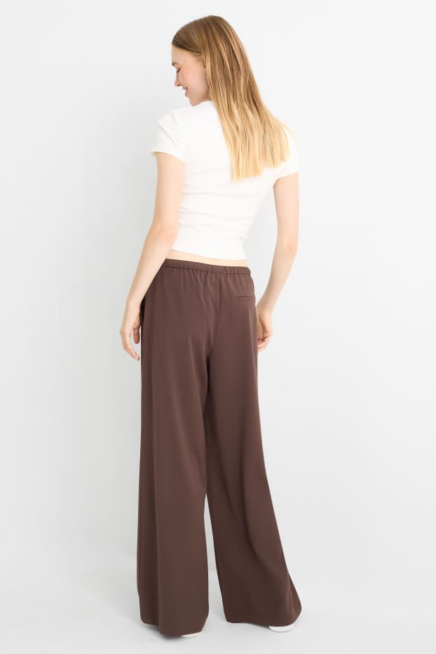 Women - Cloth trousers - mid-rise waist - wide leg - dark brown