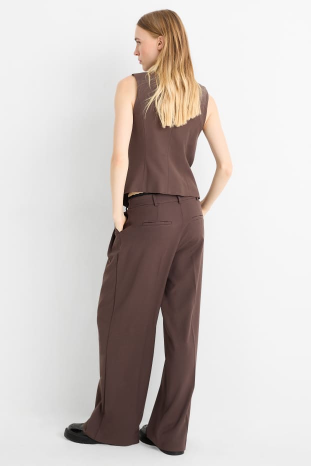 Dámské - Plátěné kalhoty - mid waist - wide leg - tmavohnědá