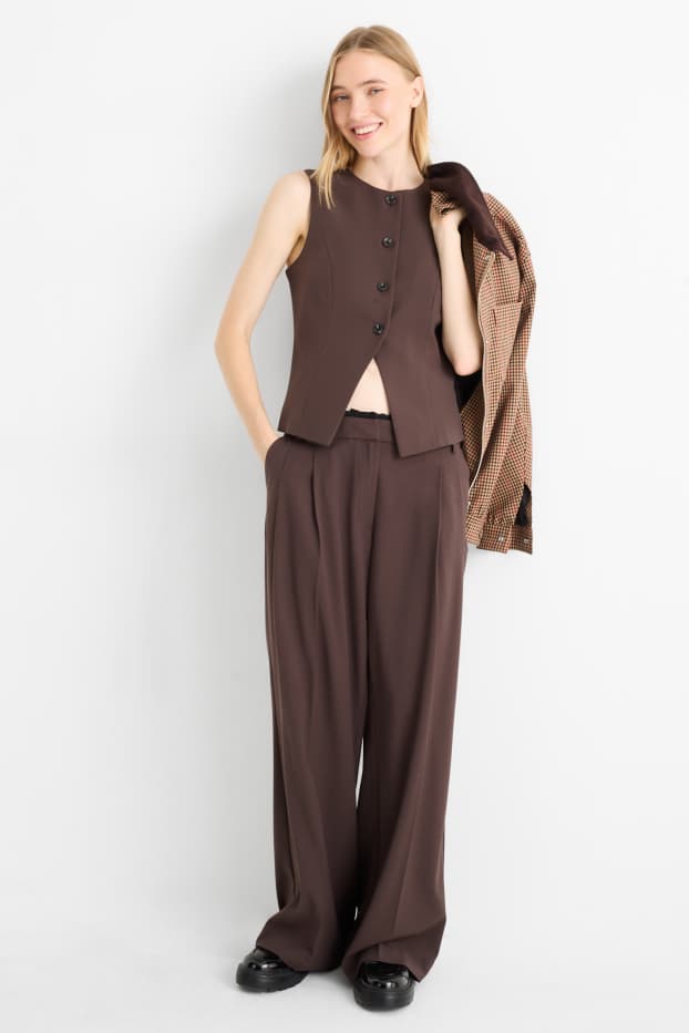 Dámské - Plátěné kalhoty - mid waist - wide leg - tmavohnědá