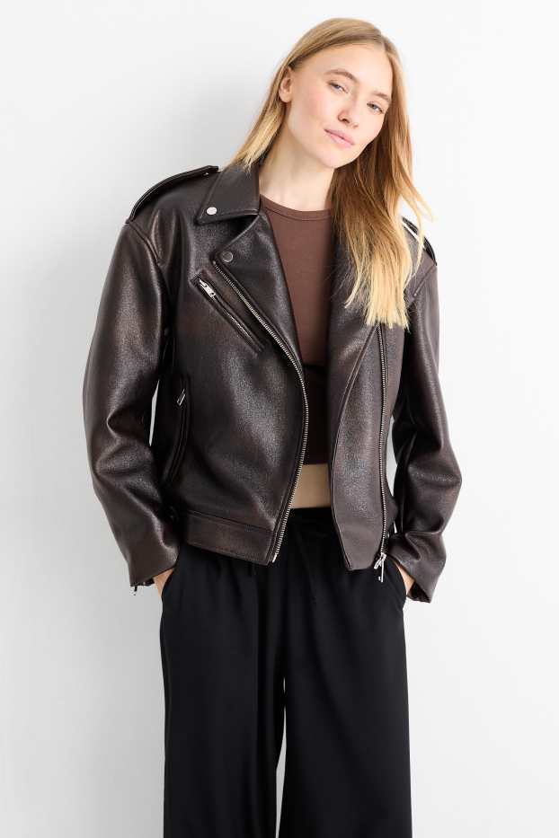 Damen - Bikerjacke - Lederimitat - dunkelbraun