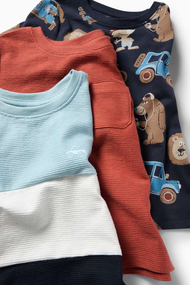 Kinder Buben - Multipack 3er - Wildtiere und Geländewagen - Kurzarmshirt - rot / blau