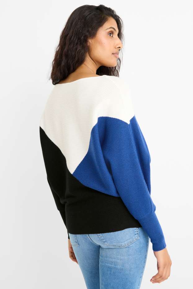 Damen - Pullover - gerippt - blau  / cremefarben