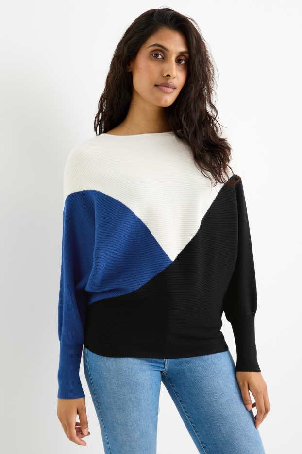 Damen - Pullover - gerippt - blau  / cremefarben