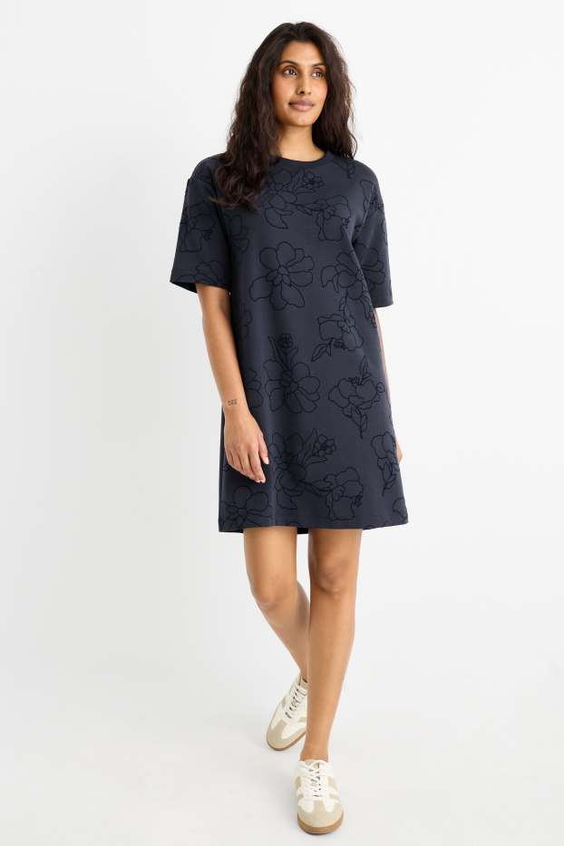 Damen - T-Shirt-Kleid - geblümt - dunkelblau