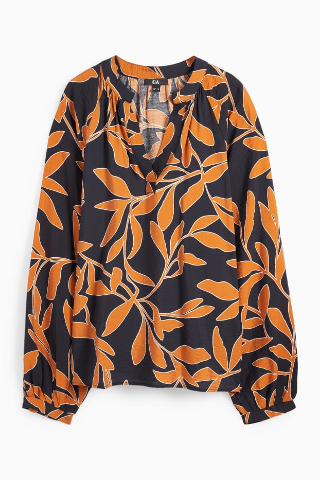 Damen - Bluse mit V-Ausschnitt - geblümt - orange / schwarz