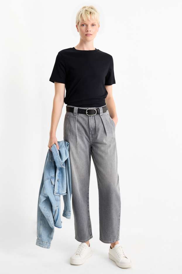 Dames - Barrel jeans met riem - high waist - jeanslichtgrijs