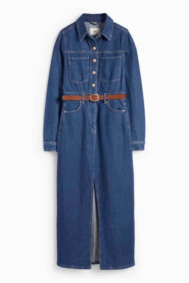 Dona - Vestit camiser texà amb cinturó - texà blau