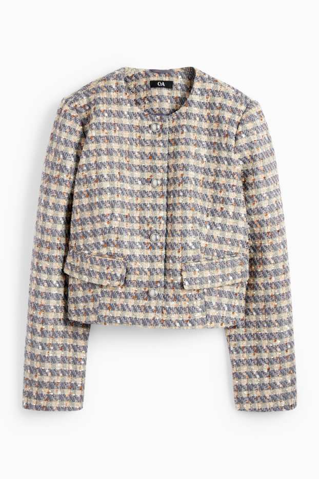 Women - Bouclé blazer - relaxed fit - shiny - check - blue / beige