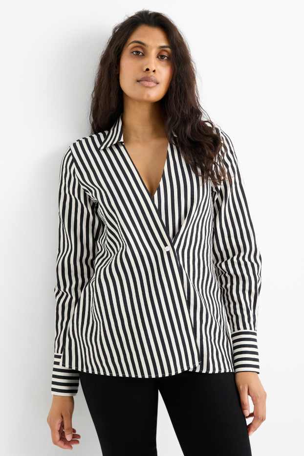 Damen - Bluse mit V-Ausschnitt und Leinen-Anteil - gestreift - schwarz / weiß