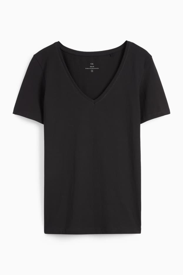 Donna - T-shirt scollo a V - slim fit - nero