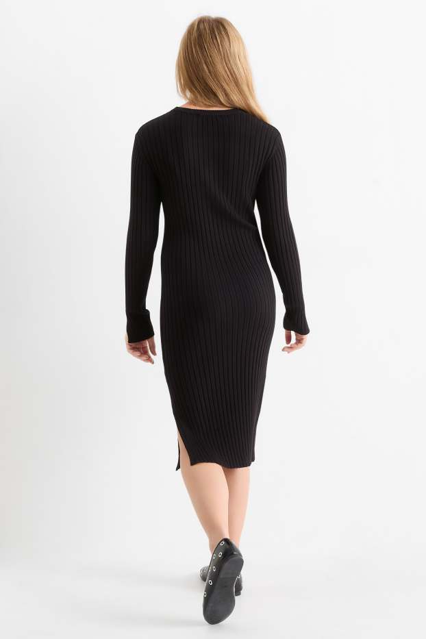 Kinder Mädchen - Strickkleid - gerippt - schwarz