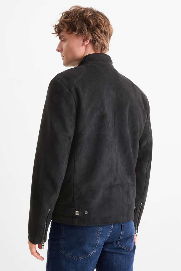 Uomo - Giacca stile motociclista - similpelle scamosciata - nero