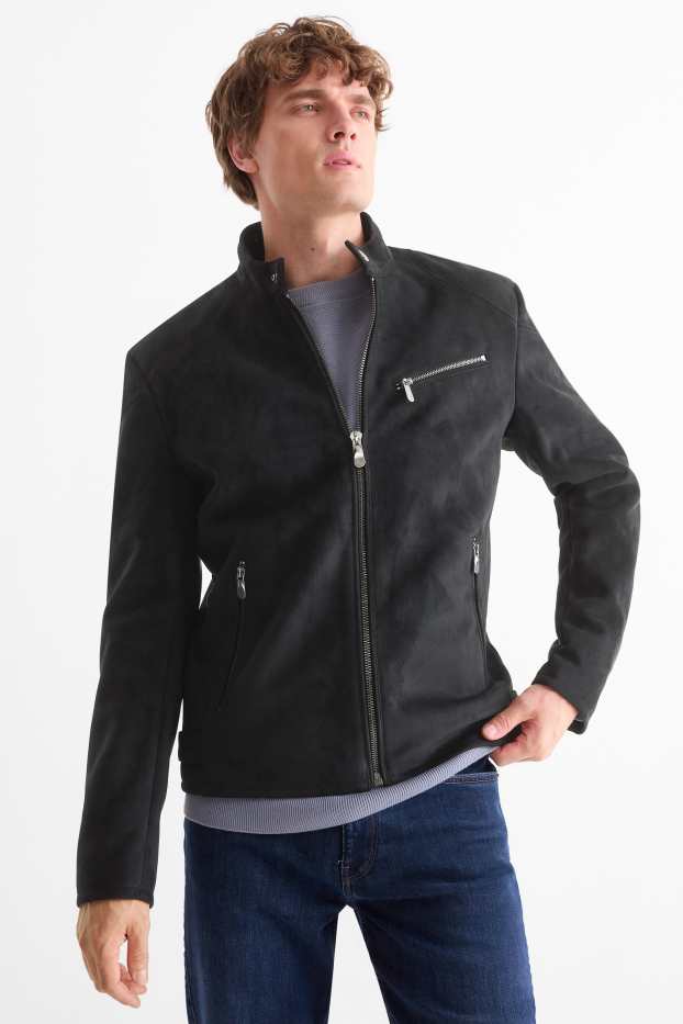Uomo - Giacca stile motociclista - similpelle scamosciata - nero