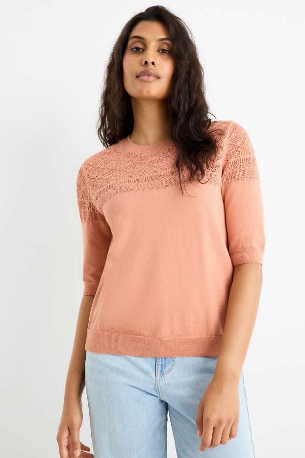 Femmes - Pull en maille - manches courtes - terracotta