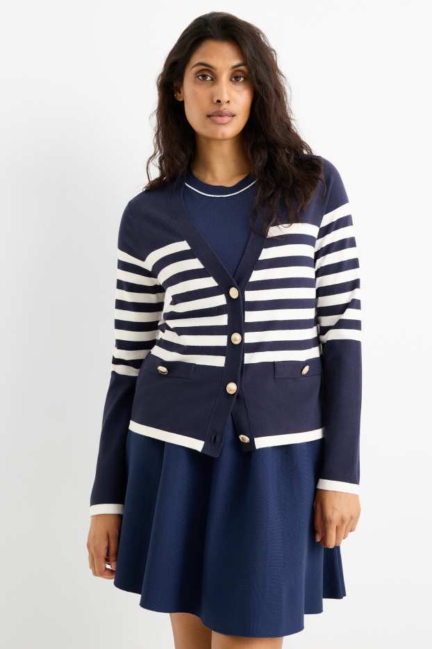 Women - Cardigan - striped - dark blue / white
