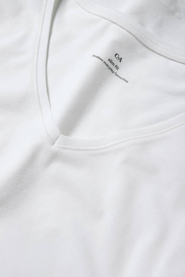Dámské - Multipack 3 ks - tričko basic s výstřihem ve tvaru V - slim fit - bílá