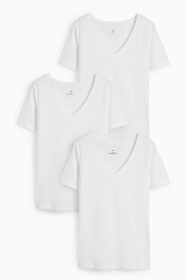 Dámské - Multipack 3 ks - tričko basic s výstřihem ve tvaru V - slim fit - bílá