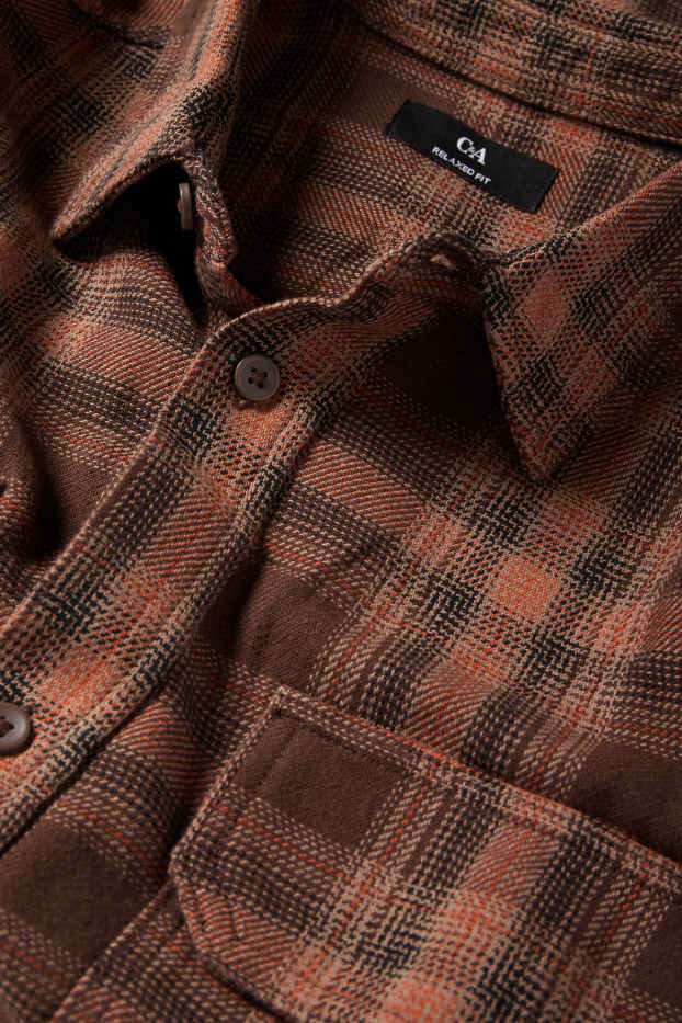 Men - Flannel shirt - regular fit - kent collar - check - dark brown