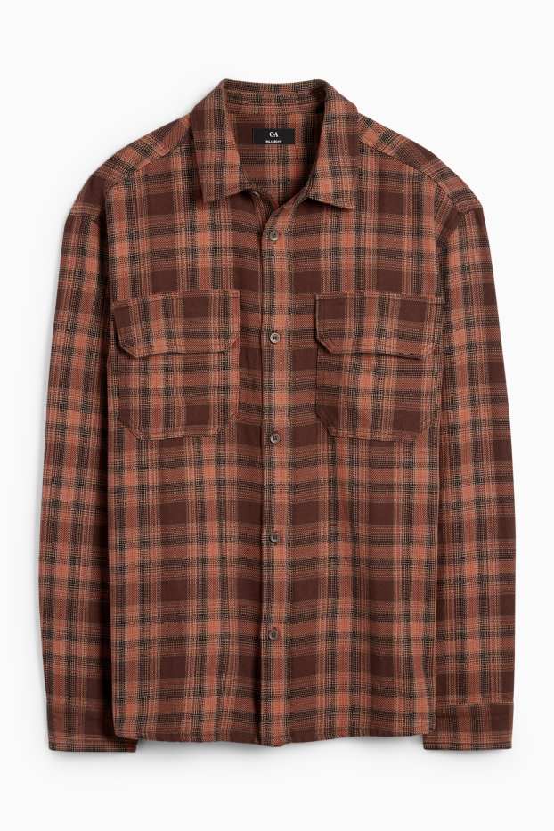 Men - Flannel shirt - regular fit - kent collar - check - dark brown