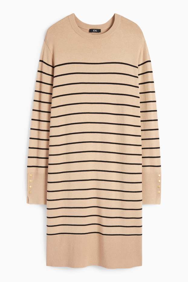 Dames - Gebreide jurk - gestreept - beige
